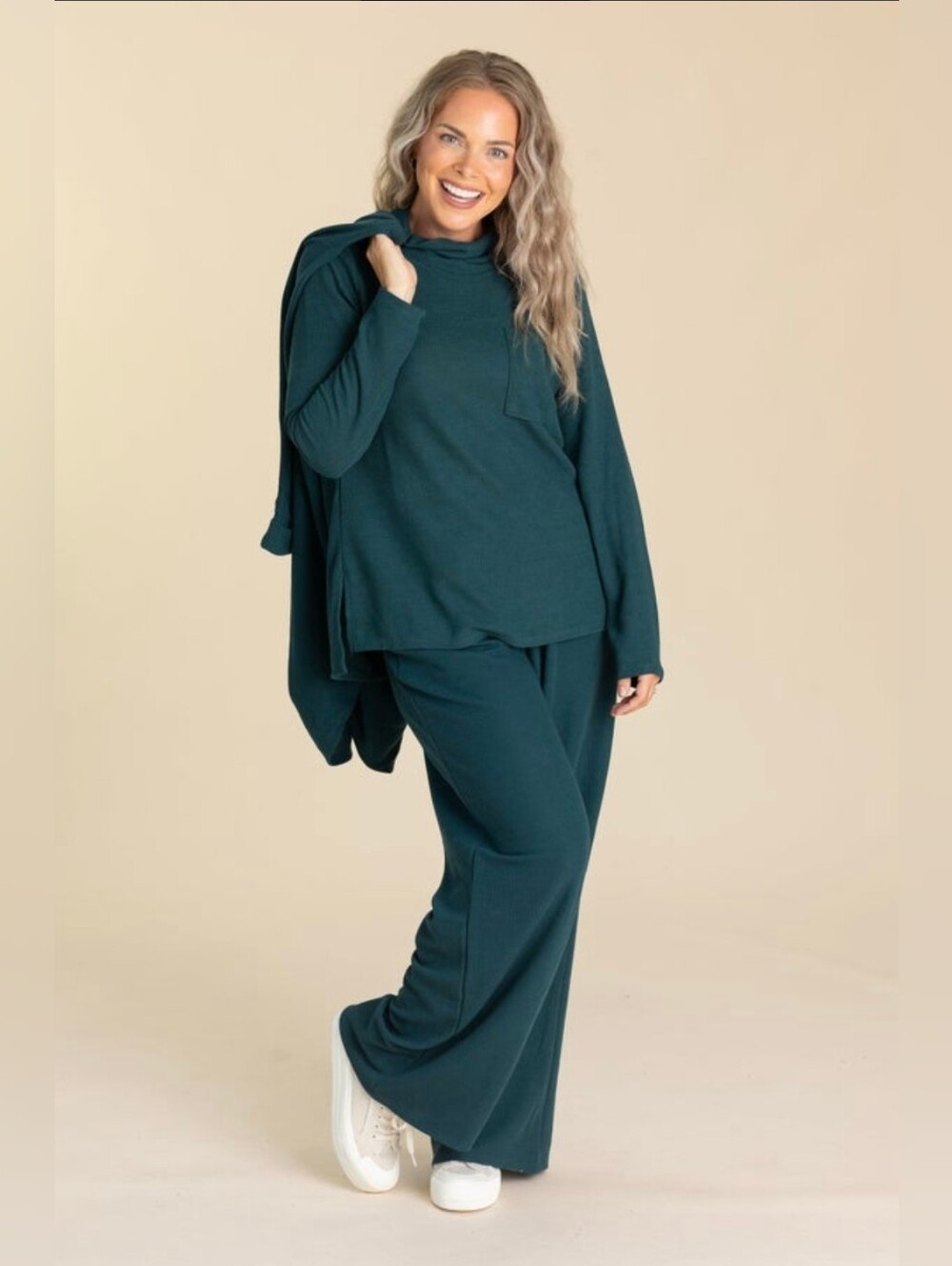 Three Piece Relaxed Wide-Leg Lounge Pants in Deep Teal